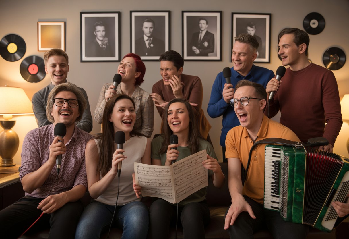 Deutscher Schlager: Kulturelles Erbe oder musikalische Bankrotterklärung? 2 Eine Gruppe von Menschen unterschiedlichen Alters singt und hört zusammen in einem gemütlichen Raum mit traditionellen Musikinstrumenten und alten Fotos an der Wand.