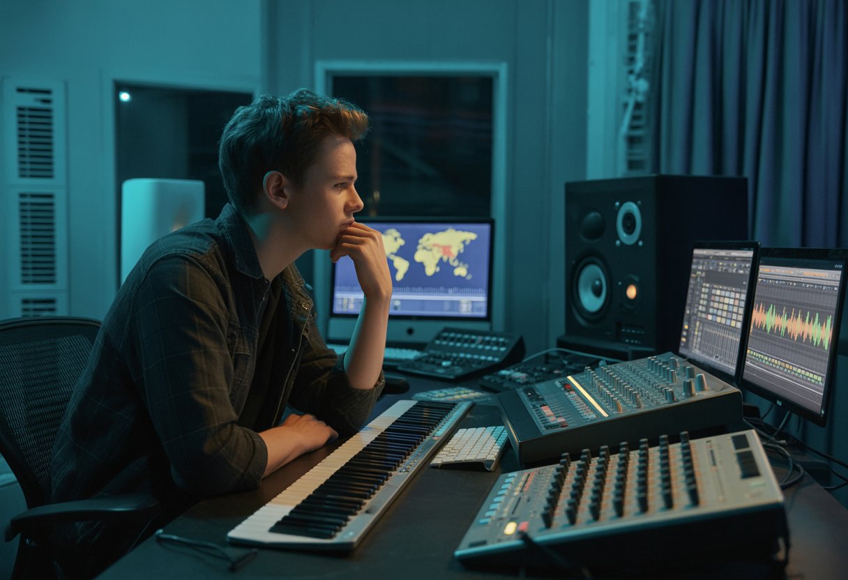 Subventionierte Mittelmäßigkeit: Warum deutsche Popmusik international chancenlos bleibt 2 Ein junger Musikproduzent sitzt nachdenklich an einem Mischpult in einem Musikstudio mit Audioequipment und Bildschirmen.