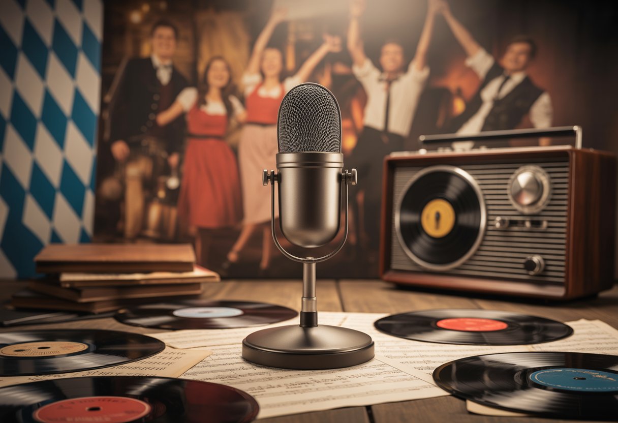 Deutscher Schlager: Kulturelles Erbe oder musikalische Bankrotterklärung? 3 Ein Vintage-Mikrofon auf einer Holz-Bühne mit Schallplatten und Notenblättern, im Hintergrund traditionelle bayerische Muster und Menschen beim Tanzen und Singen.