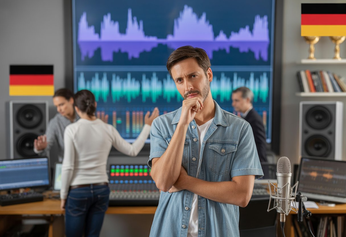 Subventionierte Mittelmäßigkeit: Warum deutsche Popmusik international chancenlos bleibt 3 Musiker und Produzenten in einem Tonstudio bei einer kreativen Sitzung, mit einem nachdenklichen Sänger im Vordergrund und Musikausrüstung im Hintergrund.