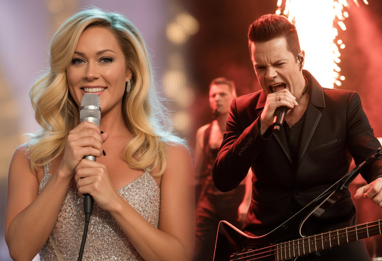 Helene Fischer vs. Rammstein: Der Kampf um Deutschlands musikalische Seele erklärt 2 Zwei Musiker nebeneinander: eine elegante Sängerin mit Mikrofon und ein männlicher Rockmusiker mit dunkler Kleidung und Feuer im Hintergrund.