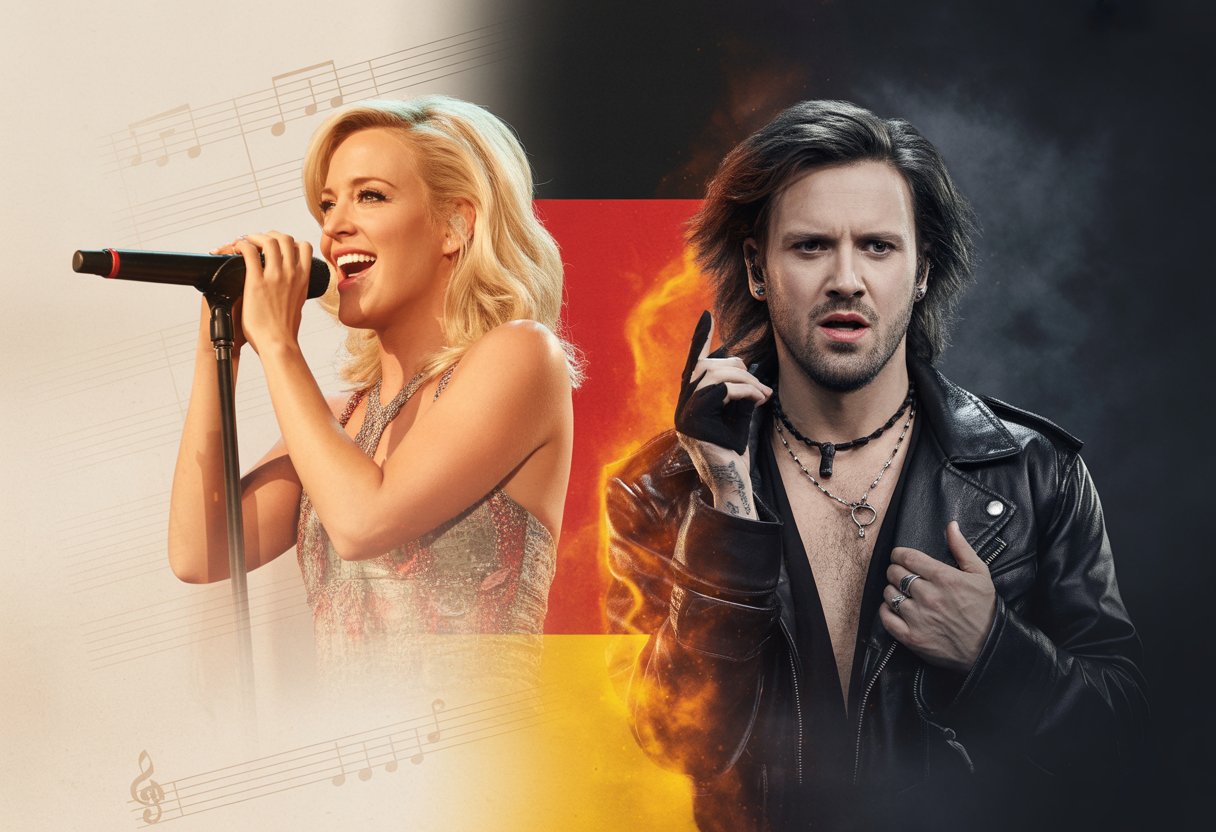 Helene Fischer vs. Rammstein: Der Kampf um Deutschlands musikalische Seele erklärt 3 Eine Szene mit einer weiblichen Pop-Sängerin auf der linken Seite und einer männlichen Rockband auf der rechten Seite, die unterschiedliche Musikstile in Deutschland darstellen.