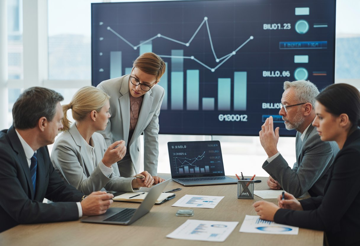 Eine Gruppe von Fachleuten diskutiert in einem Büro an einem Tisch mit Finanzunterlagen und einem Laptop, im Hintergrund sind Diagramme auf einem Bildschirm zu sehen.