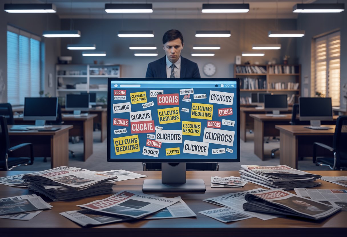 Ein leerer Nachrichtenraum mit einem Computerbildschirm, der auffällige Schlagzeilen zeigt, während ein besorgter Journalist daneben steht und Zeitungen verstreut liegen.