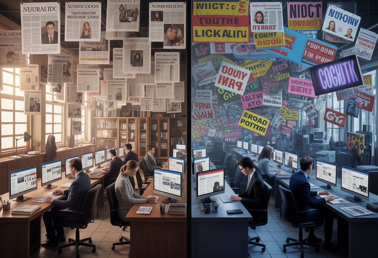 Ein Bild zeigt einen ruhigen Nachrichtenraum mit konzentrierten Journalisten und daneben eine chaotische digitale Szene voller bunter, reißerischer Inhalte.