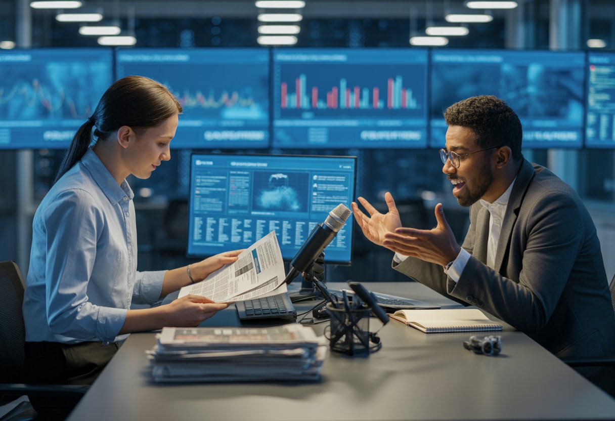 Zwei Journalisten arbeiten in einem modernen Nachrichtenbüro, einer überprüft sorgfältig Dokumente, der andere diskutiert lebhaft.