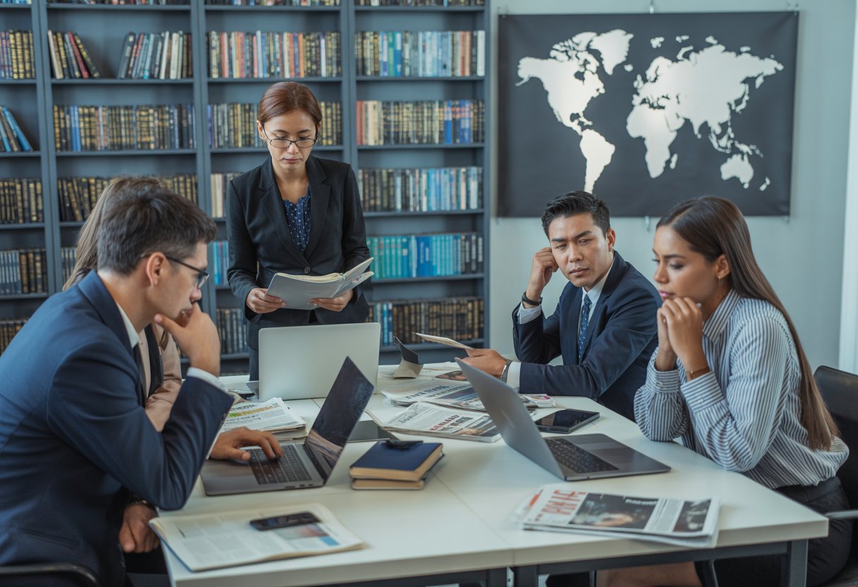 Mehrere Journalisten arbeiten konzentriert in einem modernen Nachrichtenbüro an einem großen Tisch mit Laptops und Notizbüchern.