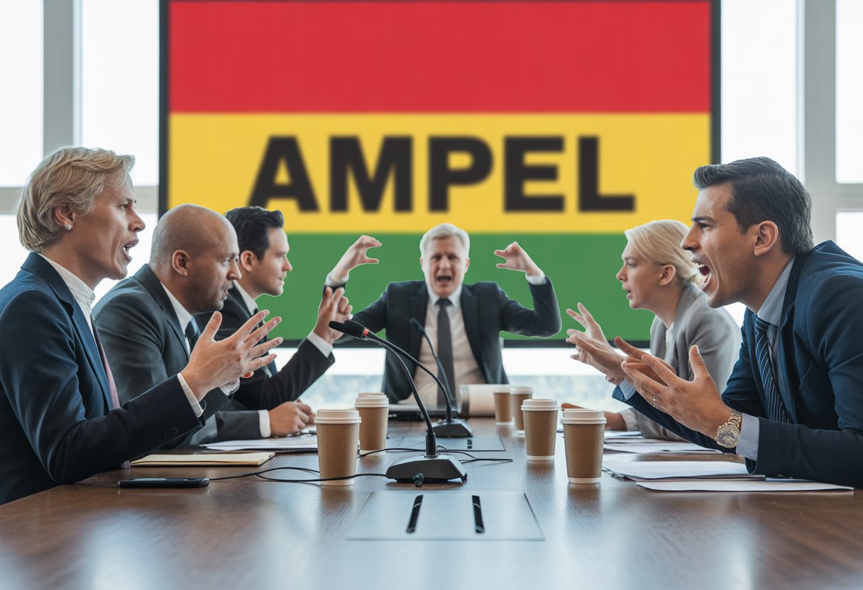 Politiker in einem Konferenzraum diskutieren heftig und zeigen sichtbare Spannungen während einer Koalitionsdebatte.