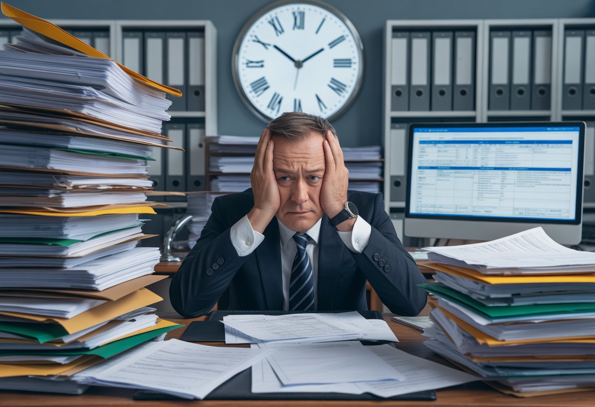 Ein gestresster Mann sitzt an einem Schreibtisch mit vielen Papierstapeln in einem Büro.