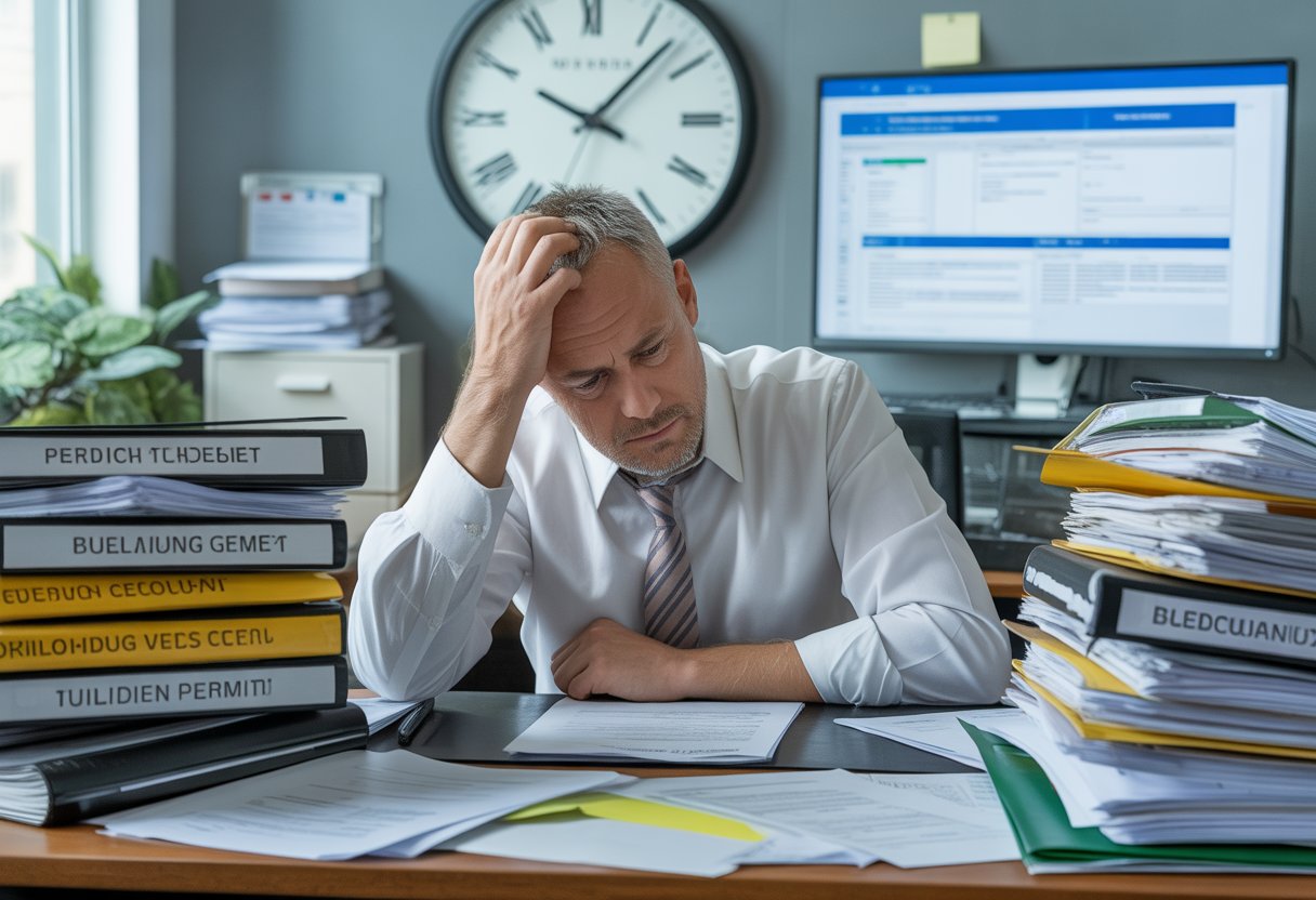 Ein gestresster Mann sitzt an einem Schreibtisch voller Papierstapel und Akten, umgeben von Bürokratie und einem großen Wanduhren, die die lange Wartezeit symbolisiert.