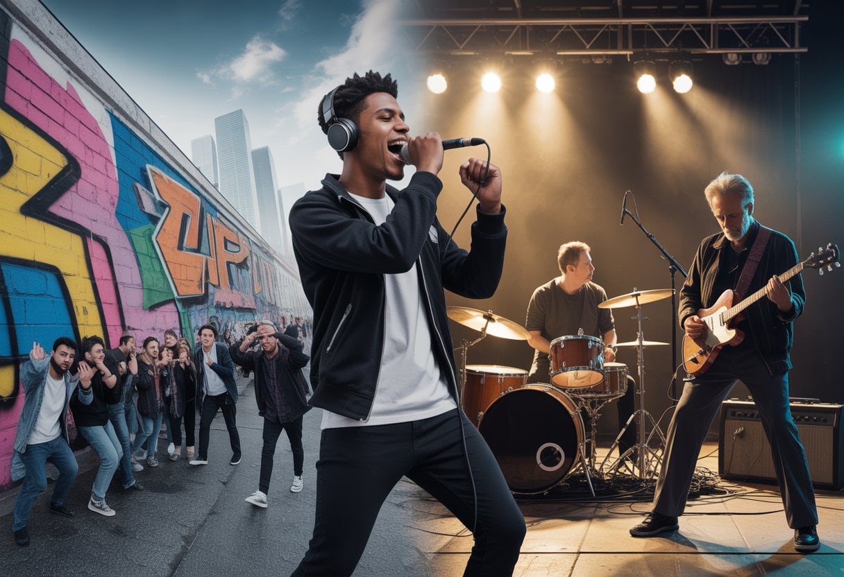Ein junger Rapper mit Mikrofon und ein älterer Rockmusiker mit E-Gitarre stehen nebeneinander, umgeben von Musik-Equipment und einer urbanen Kulisse.