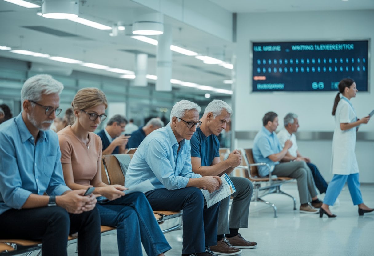 Wartezimmer in einem Krankenhaus mit wartenden Patienten und einer Krankenschwester im Hintergrund.