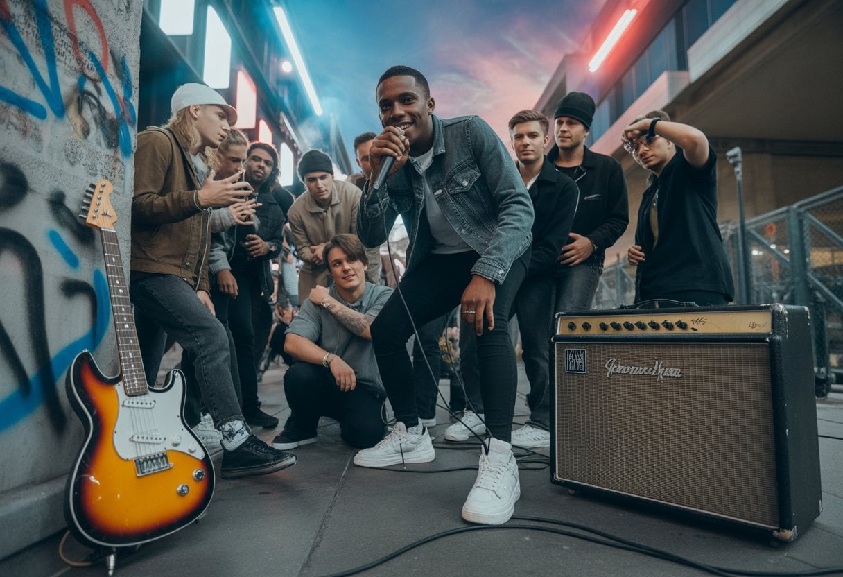 Junge Musiker und Fans versammeln sich um einen Rapper bei einer Straßenaufführung in einer urbanen Umgebung, im Hintergrund liegt eine alte Gitarre an einer Wand.