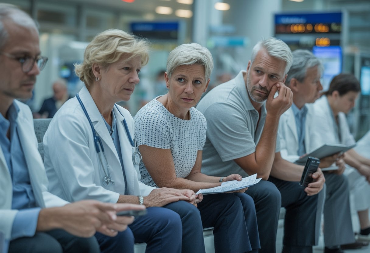 Mehrere Patienten warten besorgt in einem Krankenhaus-Wartebereich auf lebensrettende Operationen.