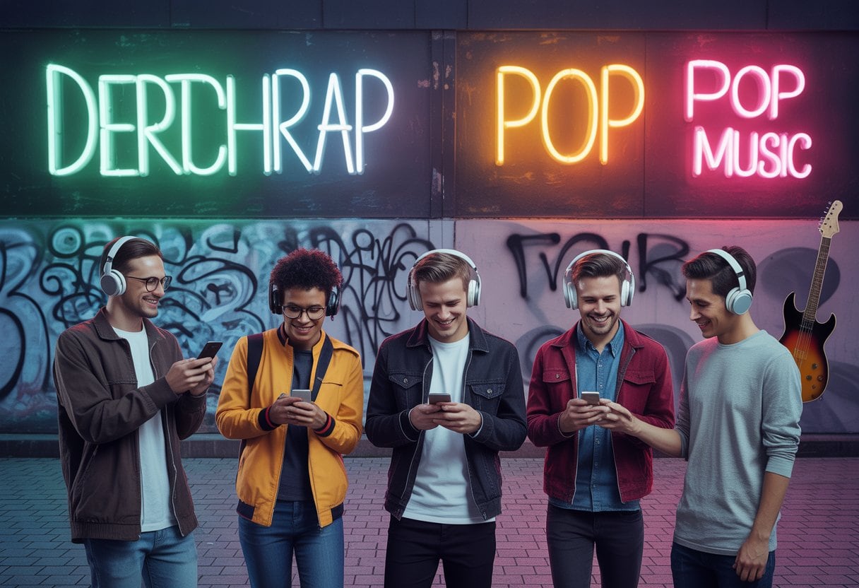 Junge Menschen in einer Stadt hören Musik mit Kopfhörern, im Hintergrund sind ein Graffiti und eine alte E-Gitarre zu sehen.