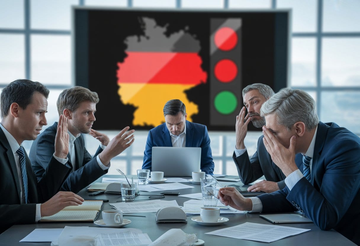 Politiker in einem Konferenzraum diskutieren angespannt und streiten sich bei einer Sitzung.