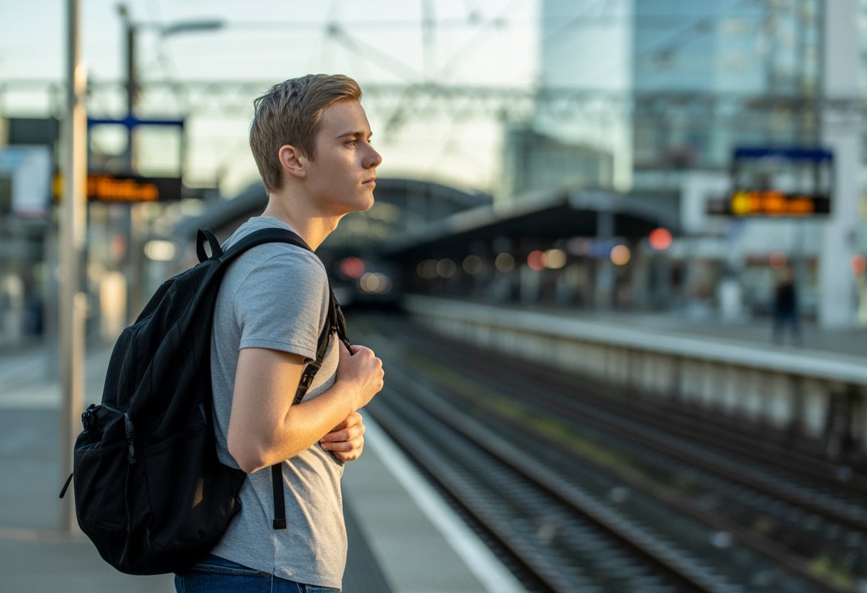 Generation Z verlässt Deutschland: Warum die Besten gehen 2 Ein junger Erwachsener steht nachdenklich an einem deutschen Bahnhof mit Rucksack und Blick in die Ferne.
