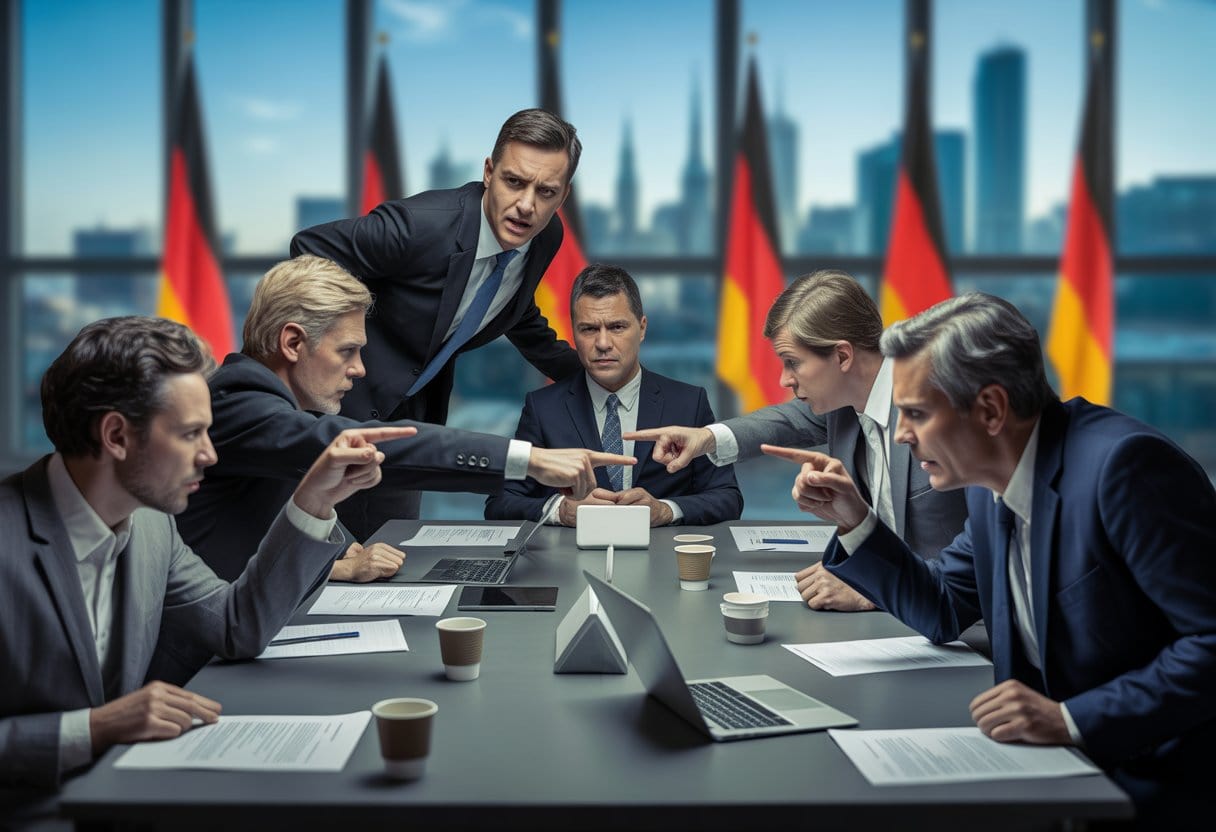Politiker in einem Besprechungsraum streiten und zeigen Frustration während einer hitzigen Debatte.