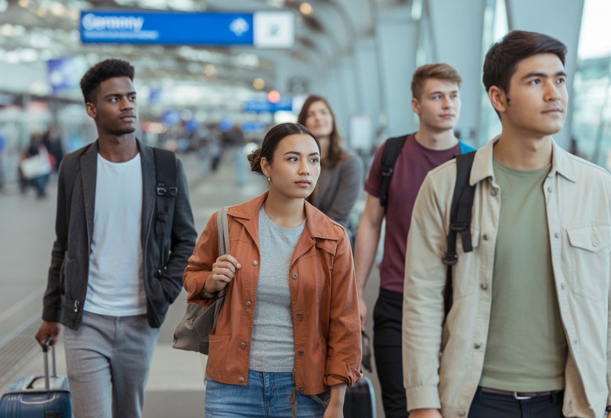 Generation Z verlässt Deutschland: Warum die Besten gehen 3 Junge Erwachsene mit Gepäck an einem Bahnhof, die nachdenklich in die Ferne schauen.