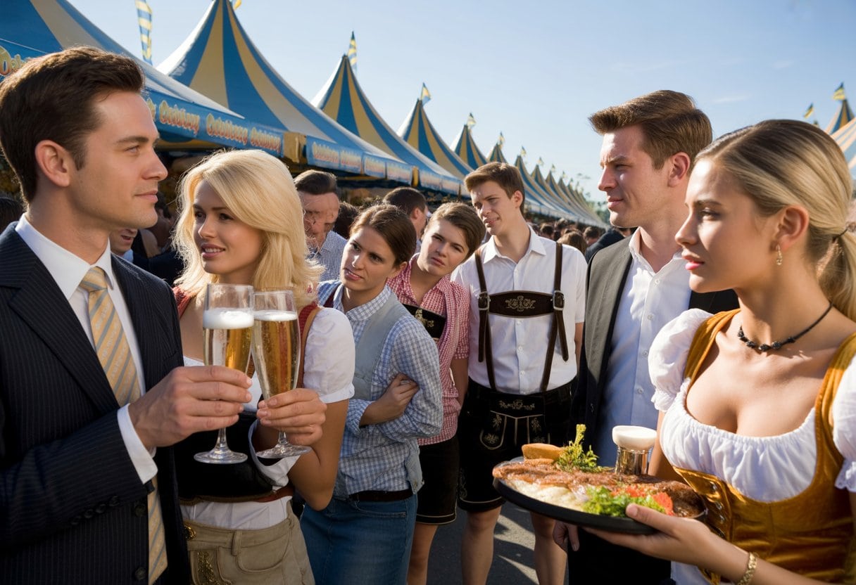 Oktoberfest für Millionäre? Warum sich normale Deutsche die Wiesn nicht mehr leisten können 2 Menschen auf dem Oktoberfest, im Vordergrund wohlhabende Gäste in VIP-Bereichen, im Hintergrund normale Besucher in traditioneller Kleidung.
