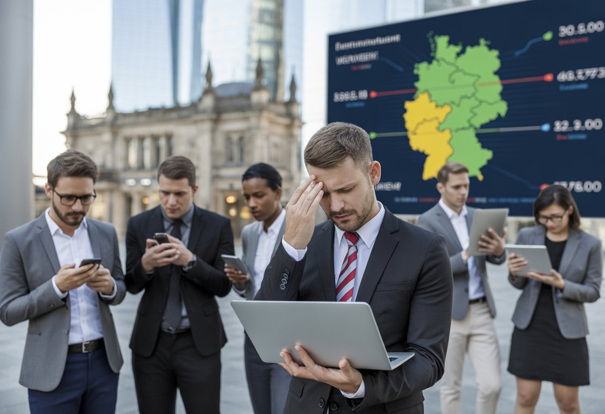 Digitalwüste Deutschland: Wenn selbst Entwicklungsländer schnelleres Internet haben – Ursachen, Folgen, Lösungen 2 Menschen in einem modernen städtischen Umfeld überprüfen besorgt ihre Internetverbindungen, während im Hintergrund eine digitale Karte mit Internetgeschwindigkeiten zu sehen ist.