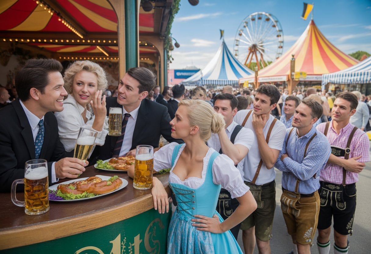 Oktoberfest für Millionäre? Warum sich normale Deutsche die Wiesn nicht mehr leisten können 3 Menschen in traditioneller bayerischer Kleidung genießen das Oktoberfest, wobei wohlhabende Gäste in einem VIP-Bereich feiern und andere Besucher draußen stehen und zuschauen.