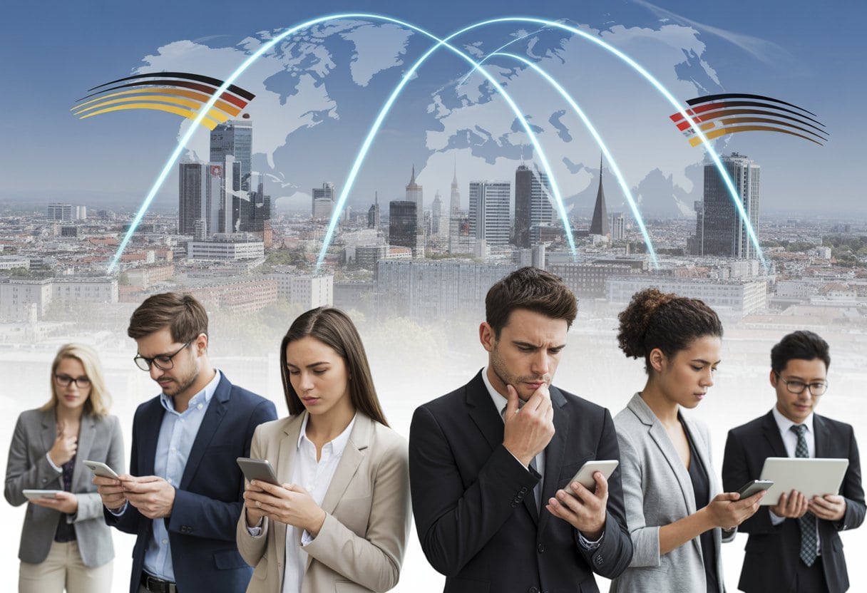 Digitalwüste Deutschland: Wenn selbst Entwicklungsländer schnelleres Internet haben – Ursachen, Folgen, Lösungen 3 Städtische Szene in Deutschland mit Menschen, die digitale Geräte nutzen, und einer Weltkarte im Hintergrund, die Internetgeschwindigkeiten in verschiedenen Ländern zeigt.