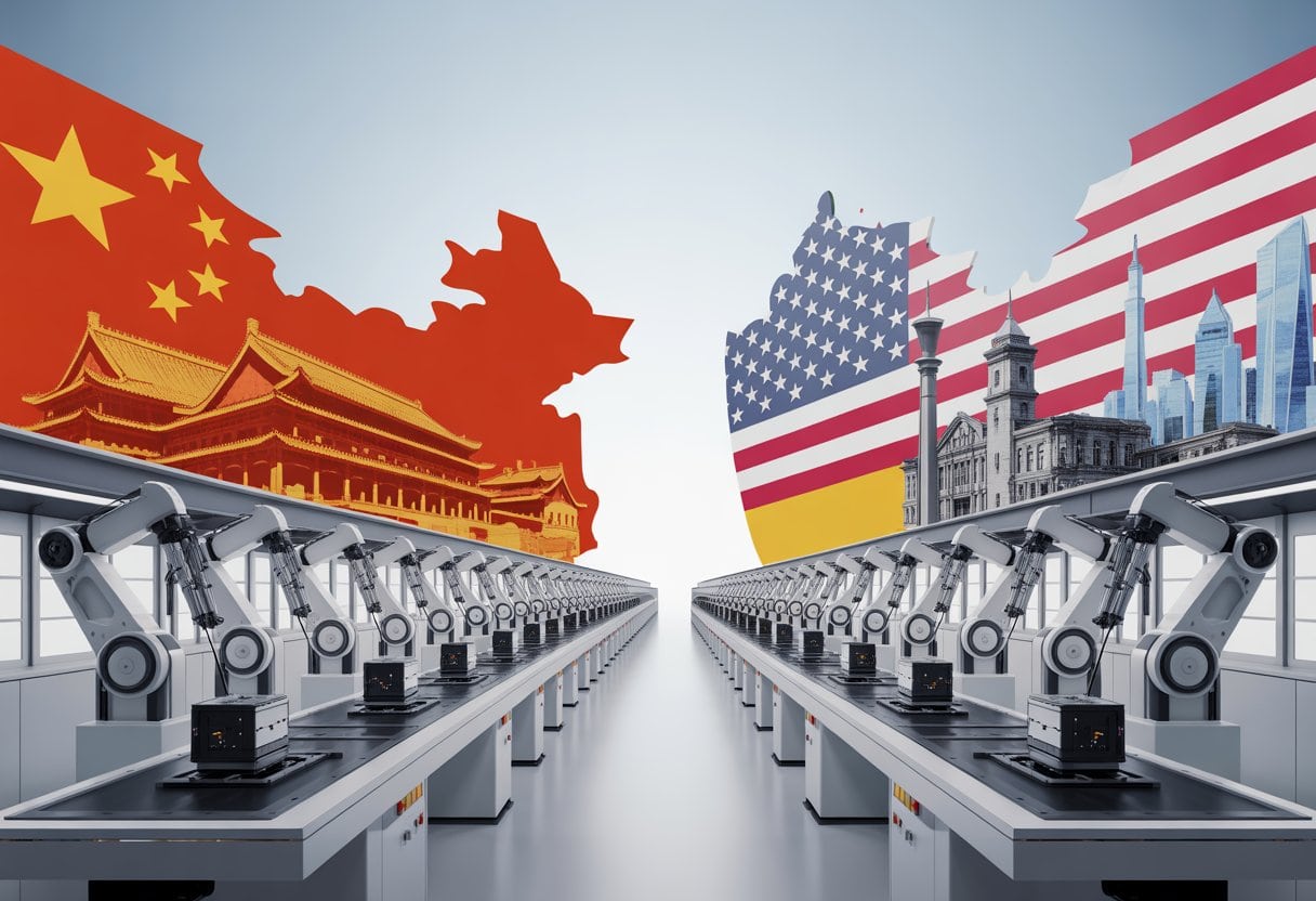 Made in Germany – ein Auslaufmodell? Wie China und USA die deutsche Industrie überholen 2 Eine moderne Fabrik mit Roboterarmen und Maschinen, die China, die USA und Deutschland durch unterschiedliche architektonische und farbliche Elemente symbolisieren.
