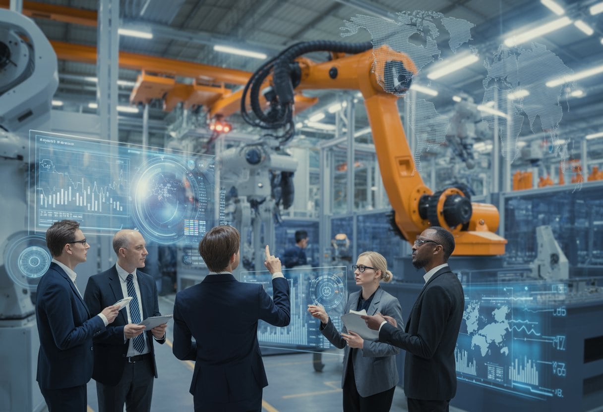 Made in Germany – ein Auslaufmodell? Wie China und USA die deutsche Industrie überholen 3 Moderne deutsche Industrieanlage mit Ingenieuren und Geschäftsleuten, die über digitale Daten und globale Wettbewerbsinformationen diskutieren.