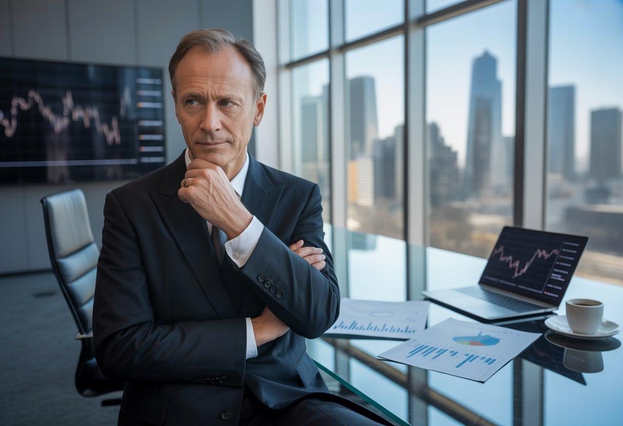 Friedrich Merz steht nachdenklich in einem modernen Büro mit Blick auf eine Stadt und Finanzunterlagen auf dem Tisch.