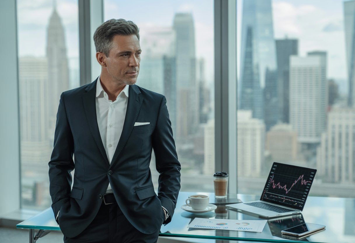 Ein Geschäftsmann in einem modernen Büro steht vor einem Fenster mit Blick auf eine Stadt mit Hochhäusern, umgeben von Finanzunterlagen und einem Laptop.