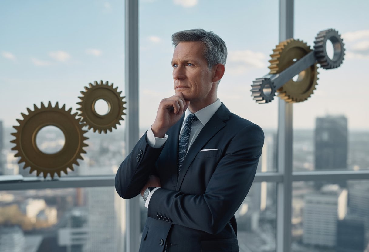 Ein nachdenklicher Geschäftsmann in einem modernen Büro mit Blick auf eine deutsche Großstadt, umgeben von Symbolen für wirtschaftliche Herausforderungen.