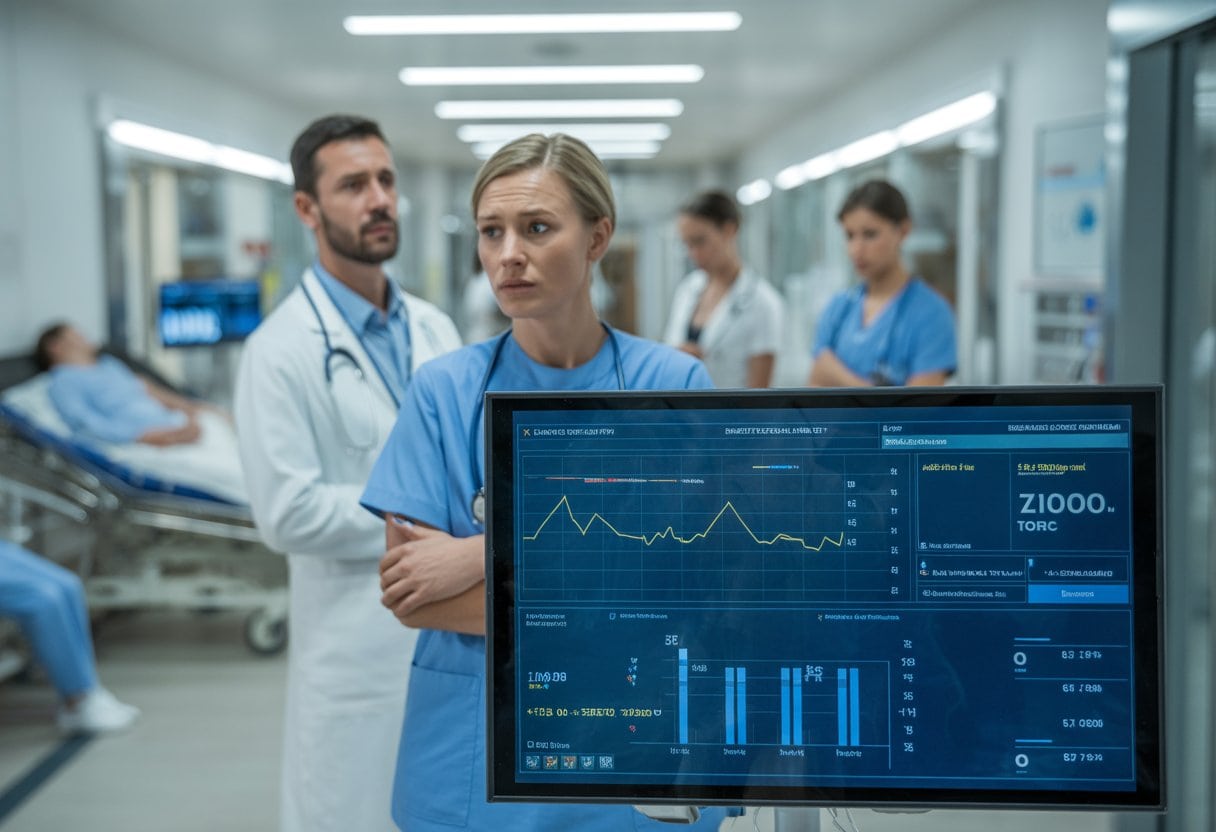 Krankenhausflur mit beschäftigten Ärzten und Pflegepersonal, die besorgt aussehen, während Patienten im Hintergrund warten.