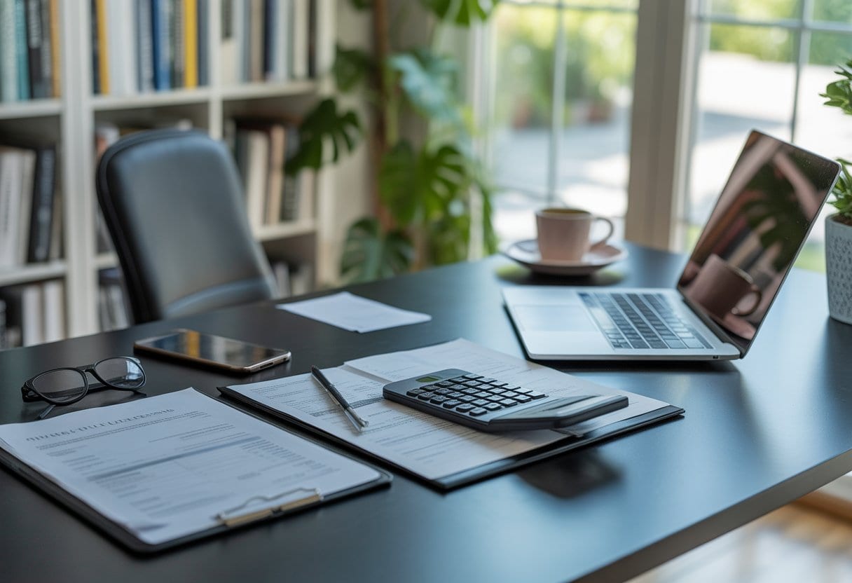 Ein moderner, gut organisierter Arbeitsbereich zu Hause mit Laptop, Finanzunterlagen und einem Taschenrechner auf dem Schreibtisch, umgeben von Büchern und Pflanzen.