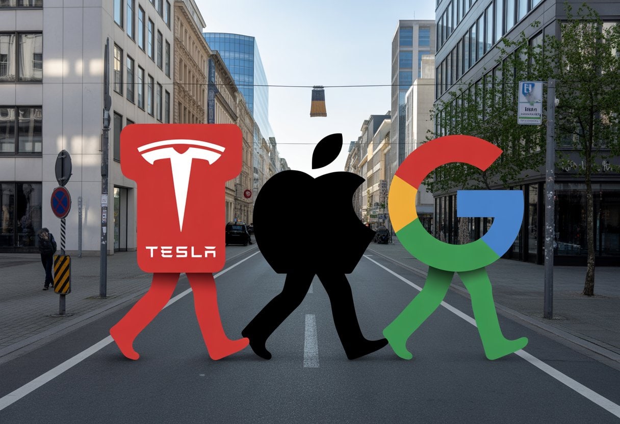 Eine moderne europäische Straßenszene mit deutschen Gebäuden, vor der Symbole von Tesla, Apple und Google sich abwenden.
