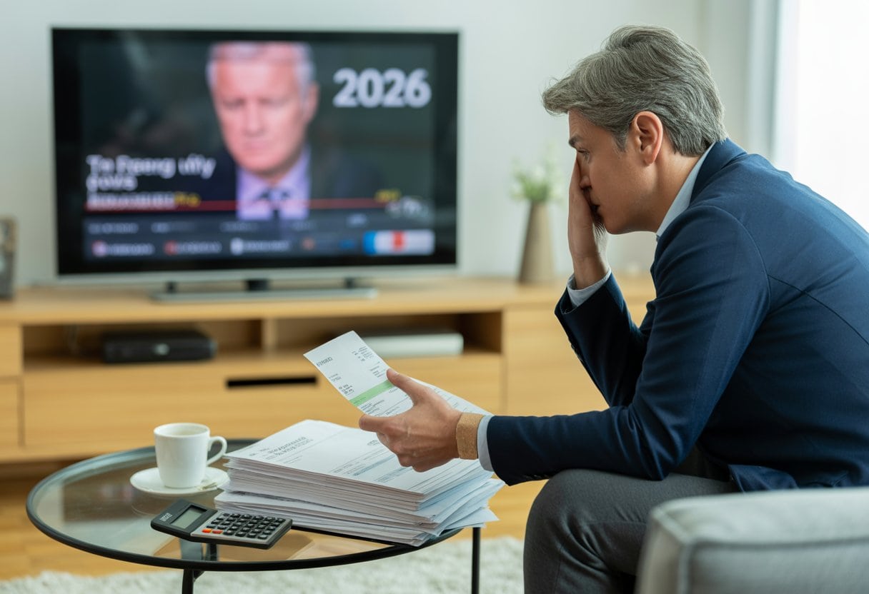 Eine Person sitzt besorgt vor einem Fernseher mit unscharfem Bild und betrachtet Rechnungen auf einem Tisch.