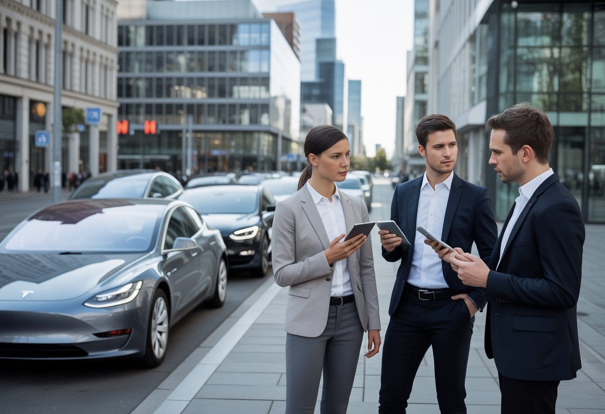 Eine belebte deutsche Stadtstraße mit modernen Elektroautos und Geschäftsleuten, die sich vor einem Bürogebäude unterhalten.