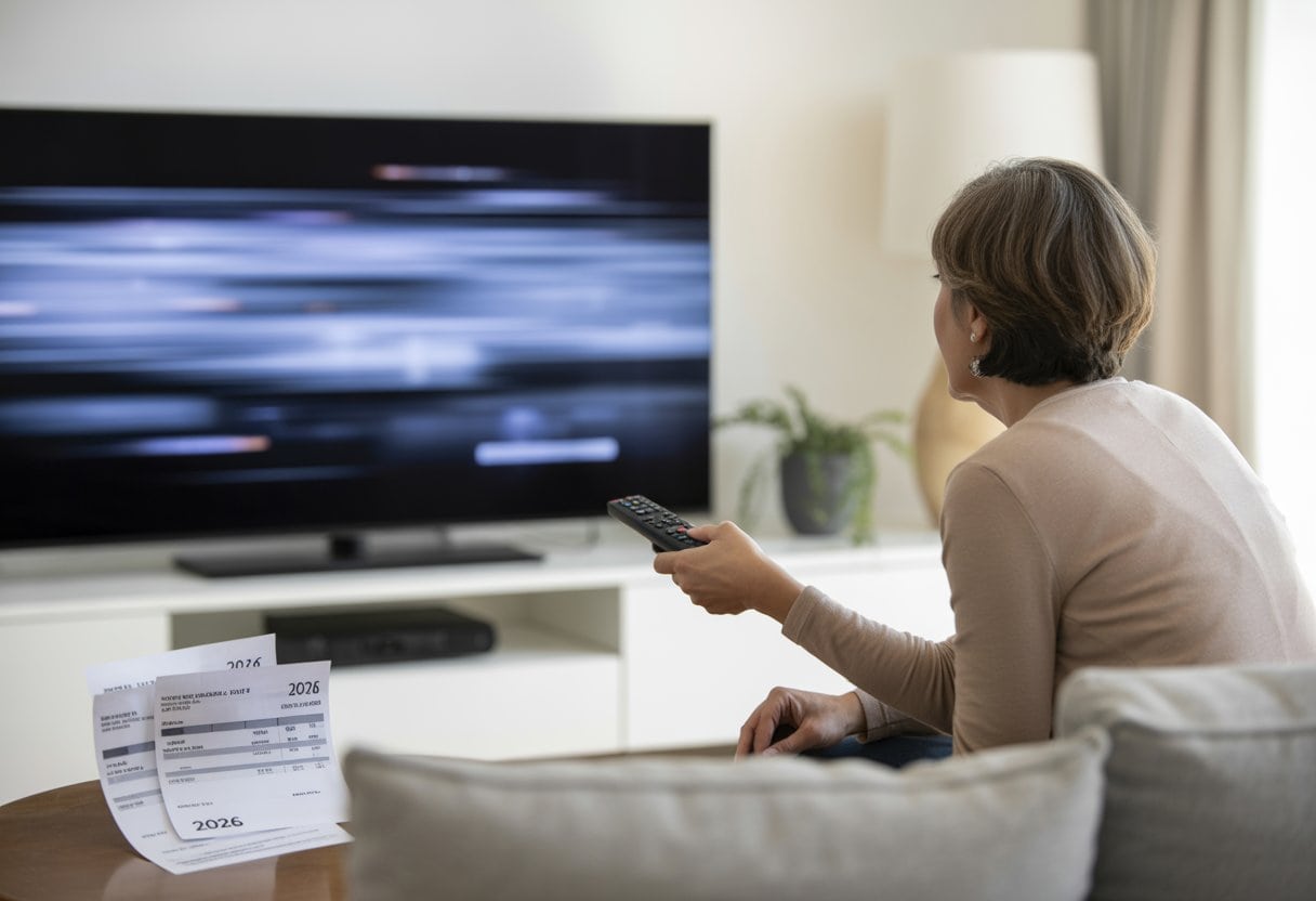 Eine Person schaut besorgt auf einen Fernseher mit schlechtem Bild in einem modernen Wohnzimmer, auf dem Tisch liegen Rechnungen.