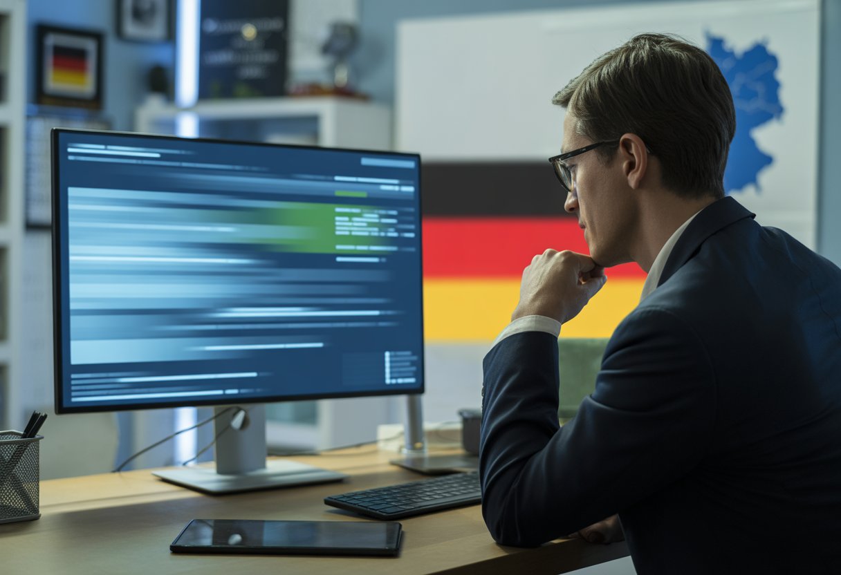 Eine Person sitzt an einem Schreibtisch vor einem Computerbildschirm mit unscharfen digitalen Inhalten, im Hintergrund ist eine Deutschlandkarte an der Wand zu sehen.