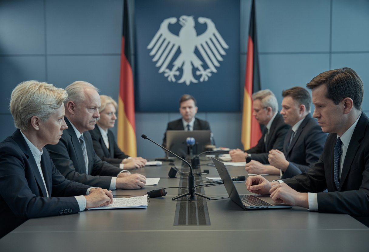 Eine Gruppe von Fachleuten sitzt an einem großen Tisch in einem Regierungsbüro und diskutiert ernsthaft über ein Verfahren.