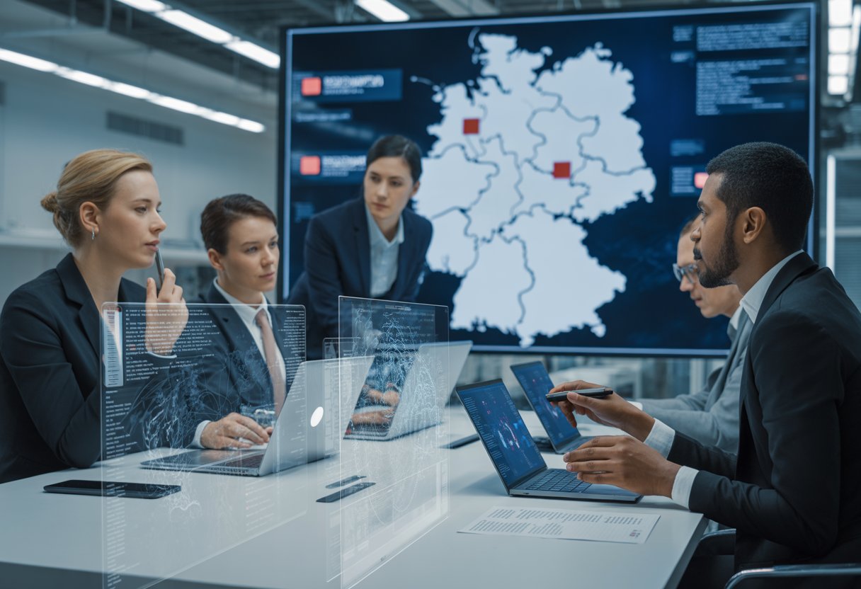 Eine Gruppe von Fachleuten diskutiert in einem modernen Büro über Internetzensur in Deutschland, mit digitalen Geräten und einer Karte im Hintergrund.
