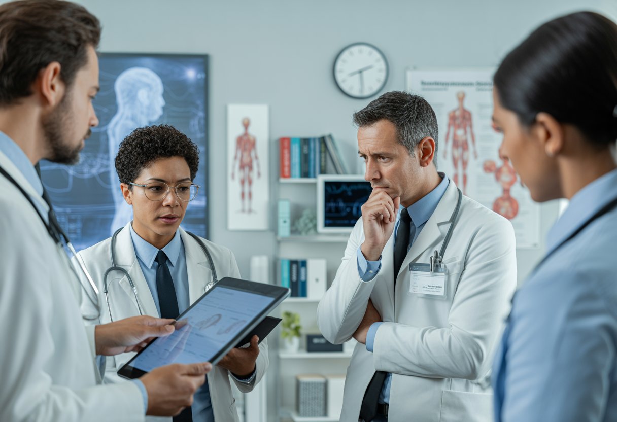 Ärzte in einem modernen Behandlungszimmer diskutieren ernsthaft über Burnout-Diagnosen.
