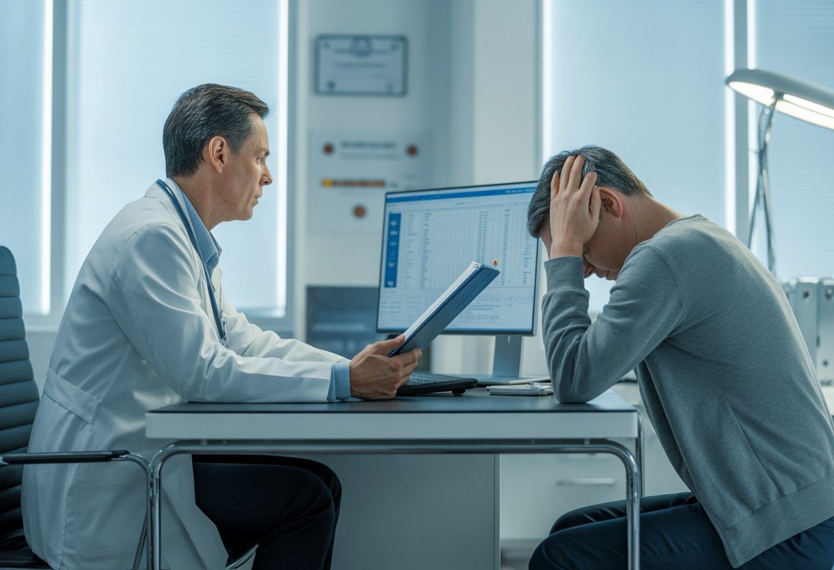 Ein Arzt spricht mit einem erschöpften Patienten in einer modernen Arztpraxis.