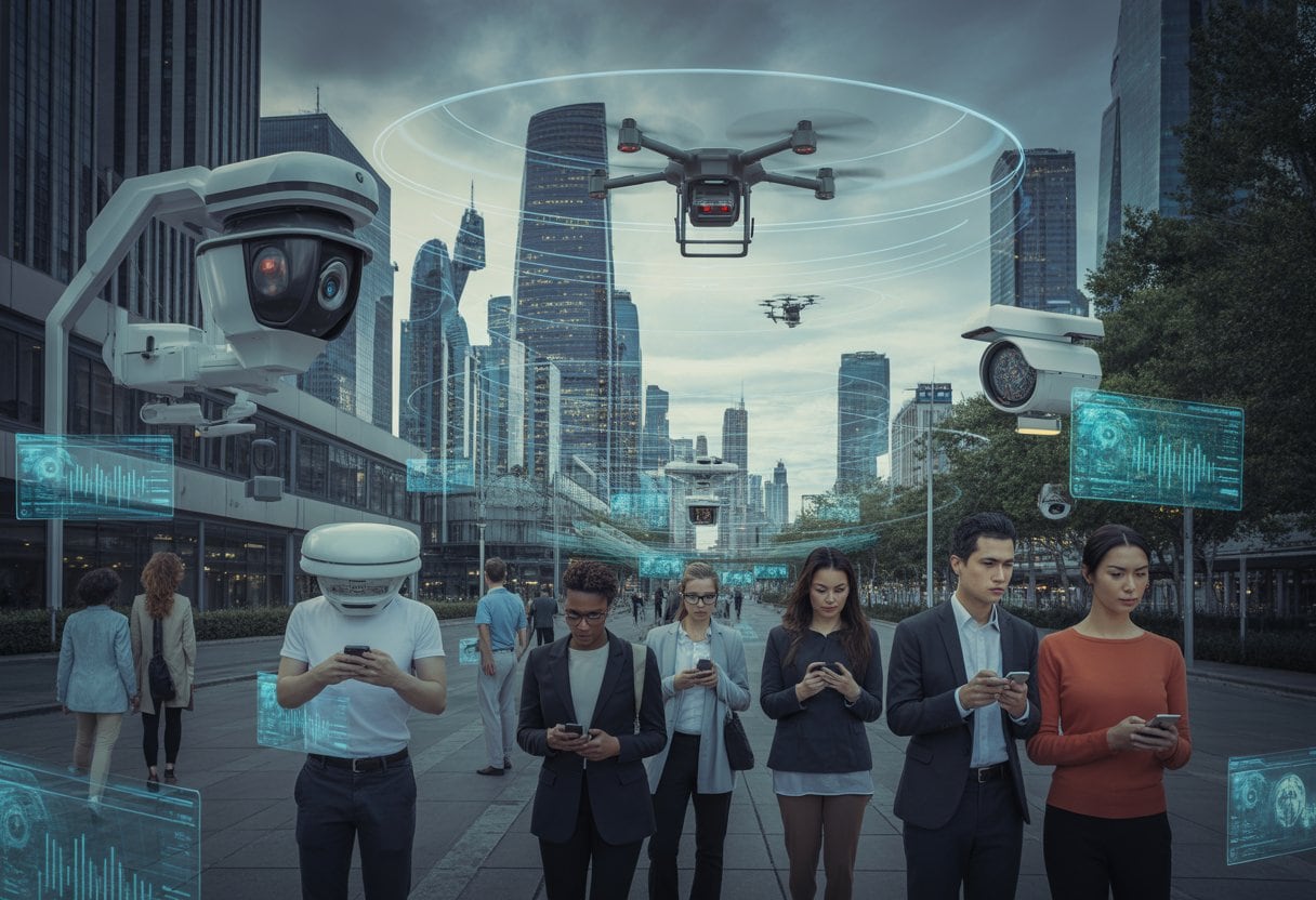 Überwachungsstaat 2026: Was Neue Zugriffe Bedeuten 2 Menschen in einer modernen Stadt werden von Kameras und Drohnen überwacht, während digitale Datenströme sichtbar sind.