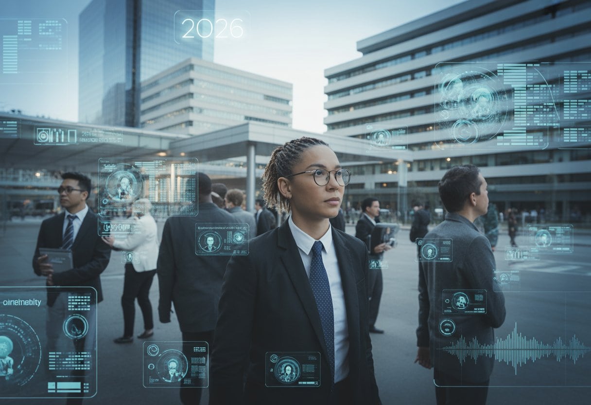 Überwachungsstaat 2026: Was Neue Zugriffe Bedeuten 3 Menschen in einer Stadt mit digitalen Datenströmen und holografischen Symbolen, die Überwachung und Datenerfassung darstellen.