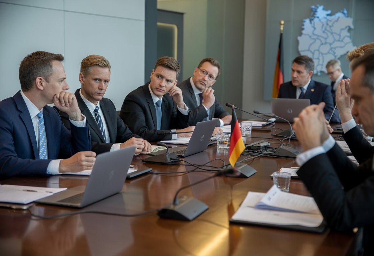 Bundesrat Blockiert Entlastungsprämie 2026: Folgen Im Überblick 1 Politiker und Beamte sitzen in einem modernen Konferenzraum und diskutieren ernsthaft bei einem Treffen.