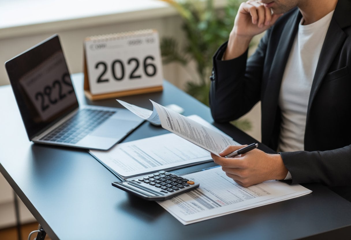 Homeoffice-Steuer 2026: Was Wirklich Geplant Ist 2 Person in einem modernen Homeoffice überprüft Unterlagen an einem Schreibtisch mit Laptop und Taschenrechner.