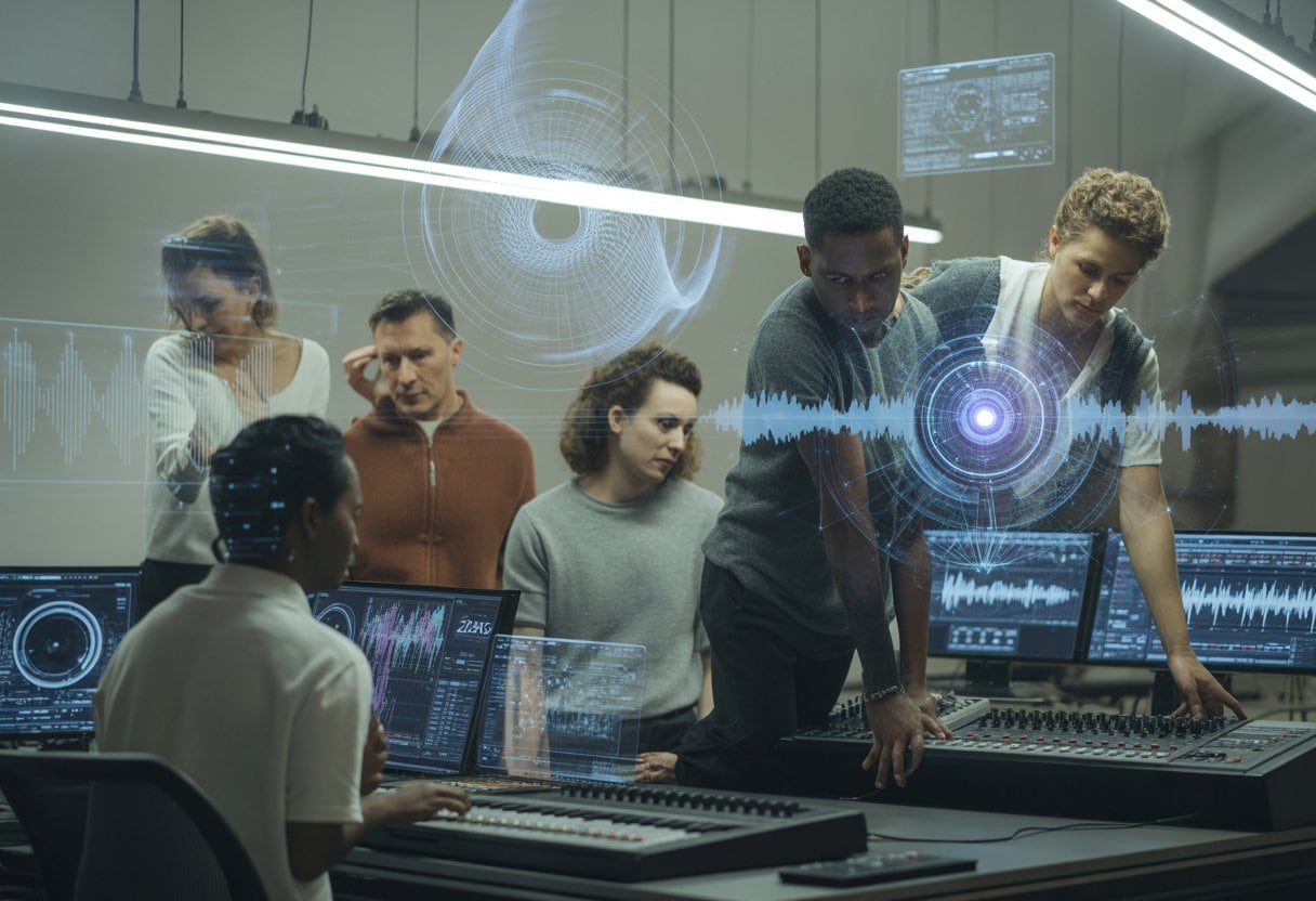KI-Musik 2026: Wer An KI-Hits Wirklich Verdient 1 Musiker und Produzenten in einem modernen Tonstudio arbeiten mit fortschrittlicher KI-Technologie zusammen, umgeben von digitalen Visualisierungen und Musikgeräten.
