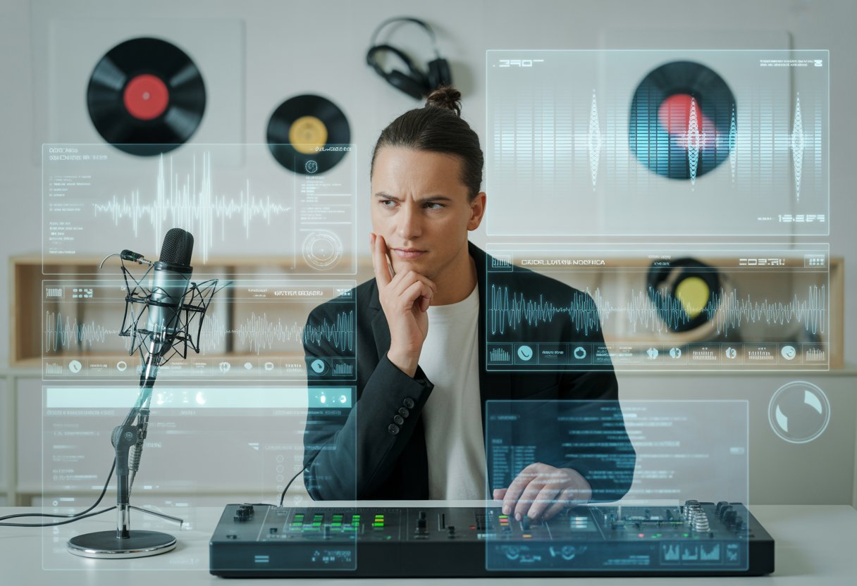 KI-Musik 2026: Wer An KI-Hits Wirklich Verdient 2 Ein Musiker in einem modernen Tonstudio mit digitalen Bildschirmen und Musikgeräten, die Algorithmen und Musikvisualisierungen zeigen.