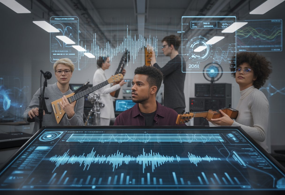 KI-Musik 2026: Wer An KI-Hits Wirklich Verdient 3 Eine Gruppe von Musikern und Toningenieuren arbeitet in einem modernen Studio mit fortschrittlicher KI-Technologie und digitalen Musikvisualisierungen.